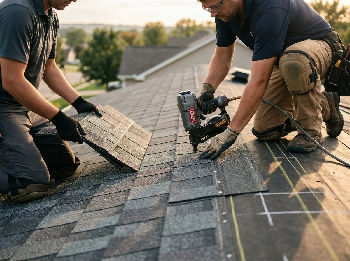 Professional roofer working on a residential roof in Martha Lake